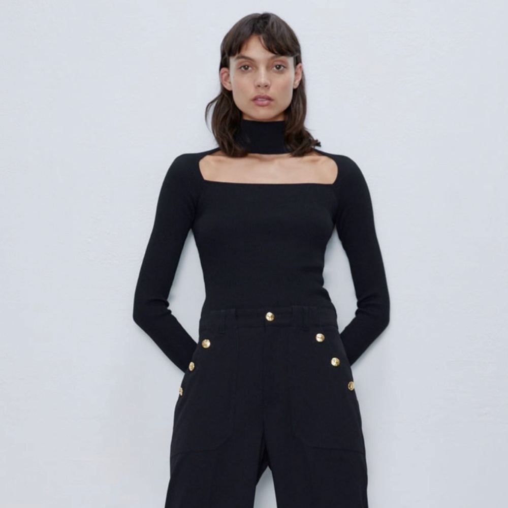 NEW Zara Cut Out Black Turtleneck Sweater Small NWT